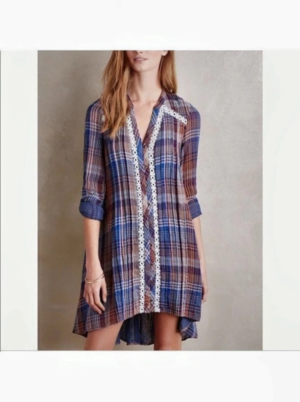 Holding Horses Cotton Cozy Plaid Tunic Hi Low Mini Dress Blue & Brown